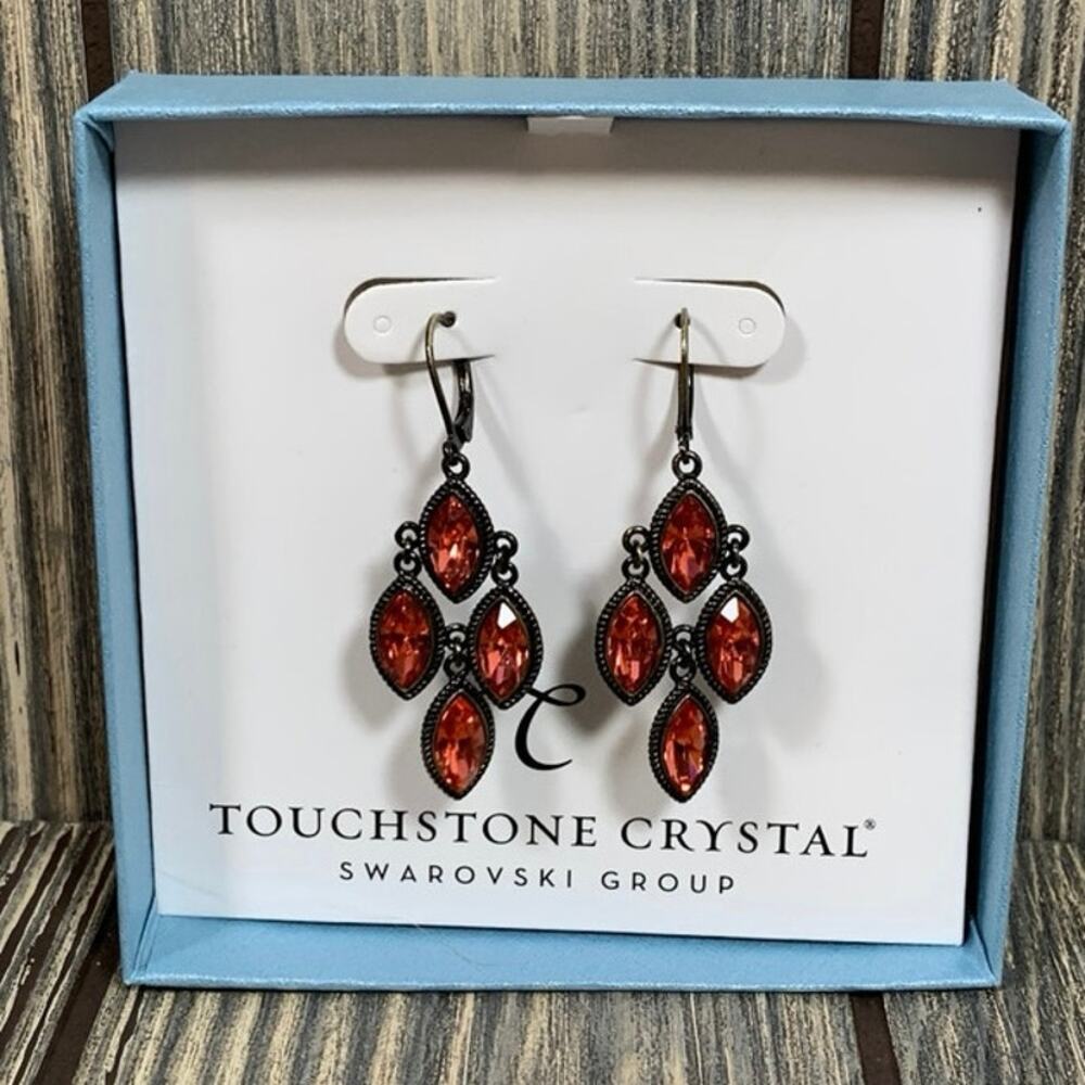Touchstone Crystal Sasha Earrings Padparadscha Crystal Dangle‎ Antique Brass